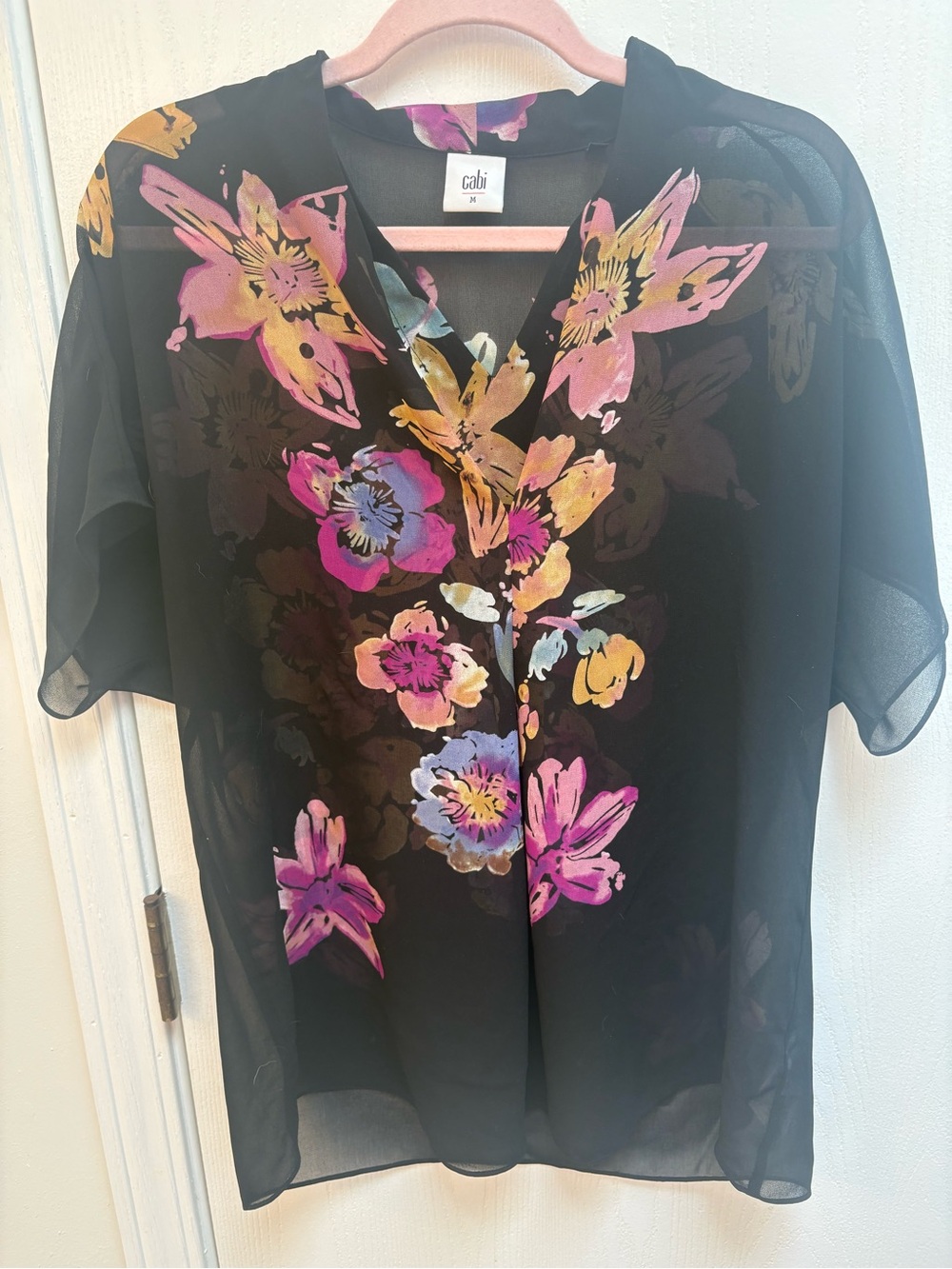 CAbi Black Sheer Floral Button-Front Blouse